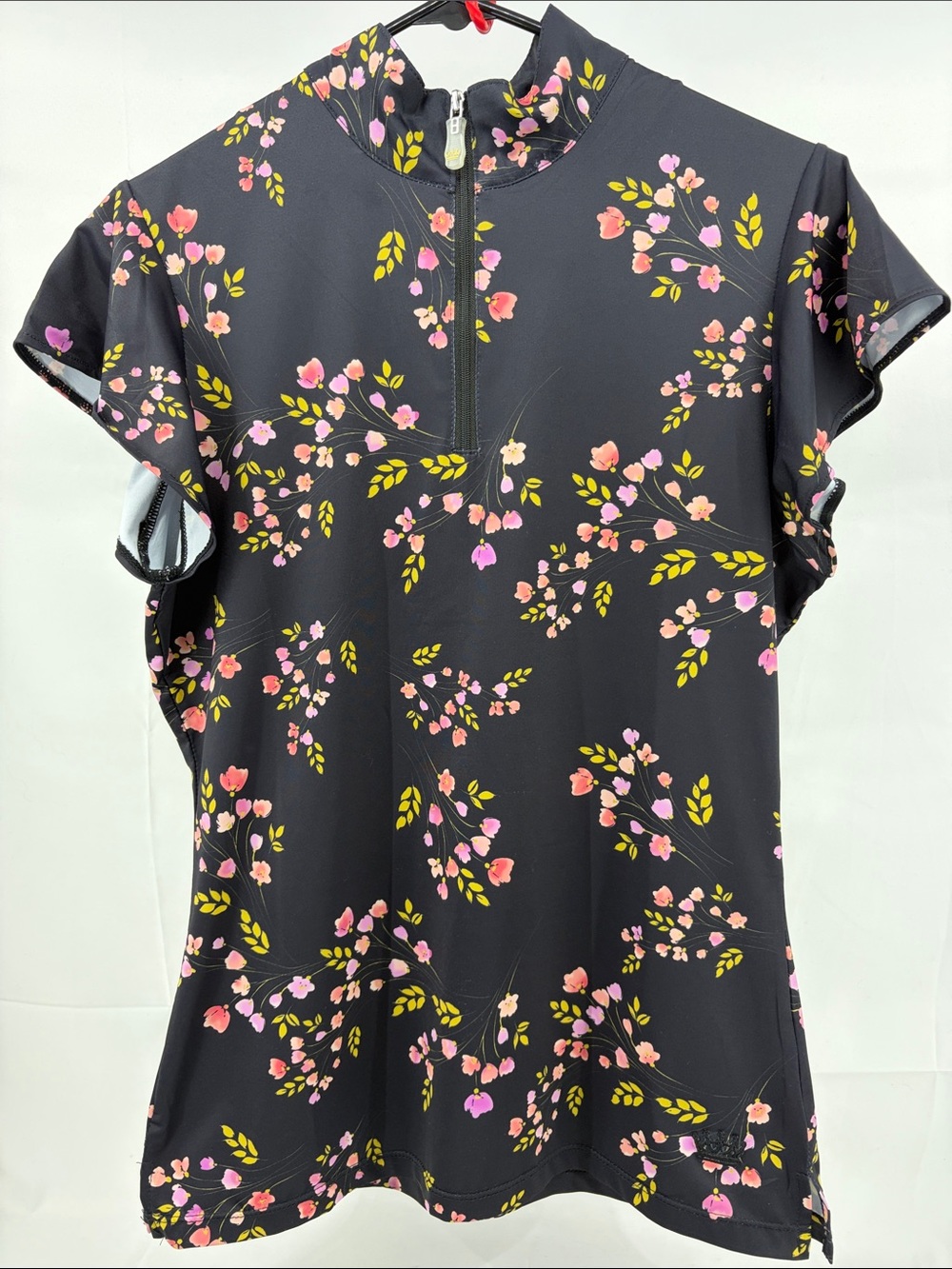 Kastel Denmark Flutter Sleeve Sun Shirt, Mock Neck, 1/4 Zip, Black Rose Bud, S
